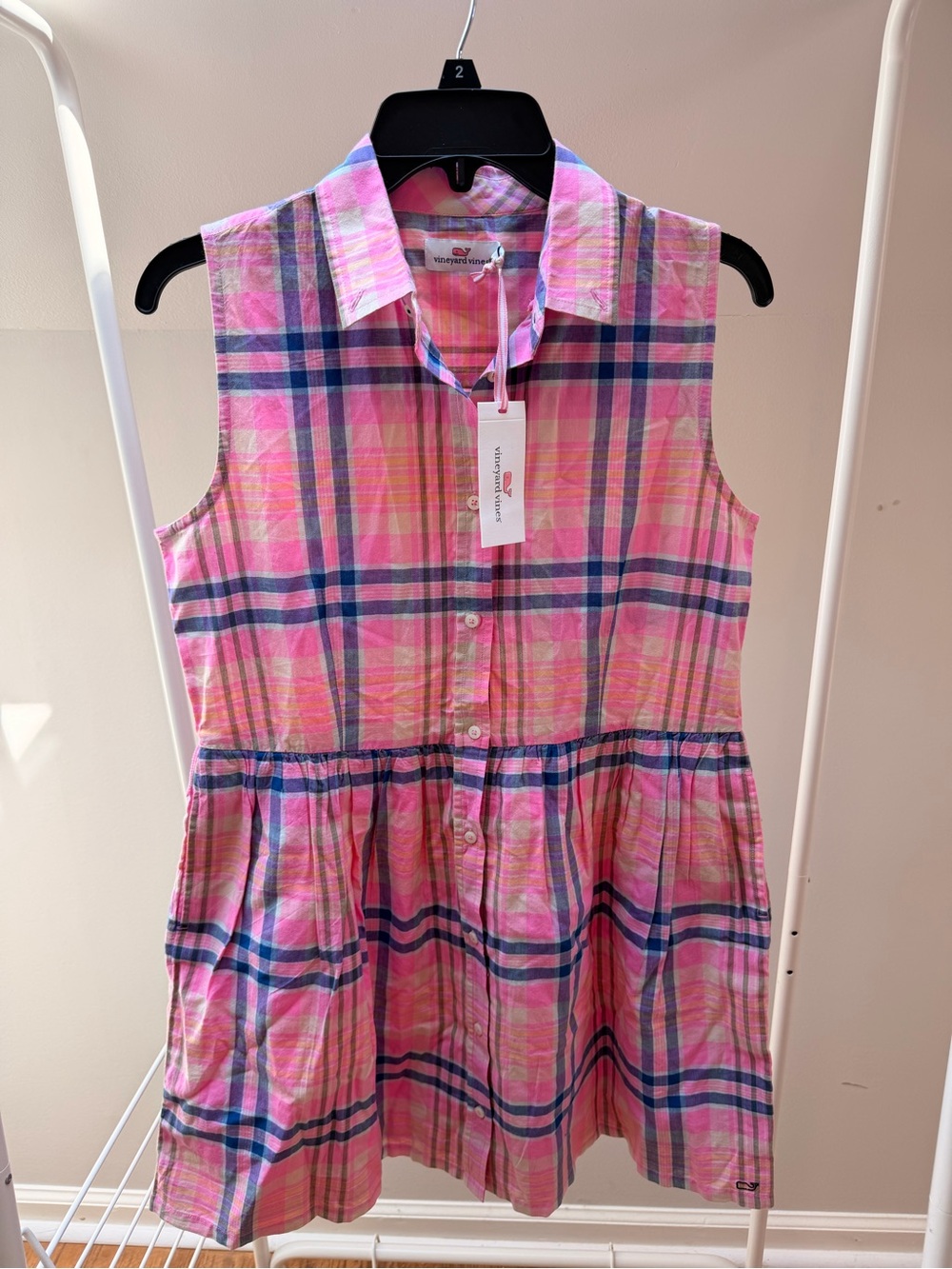 Vineyard Vines Pink and Blue Plaid Sleeveless Shirt Dress Girls size 16